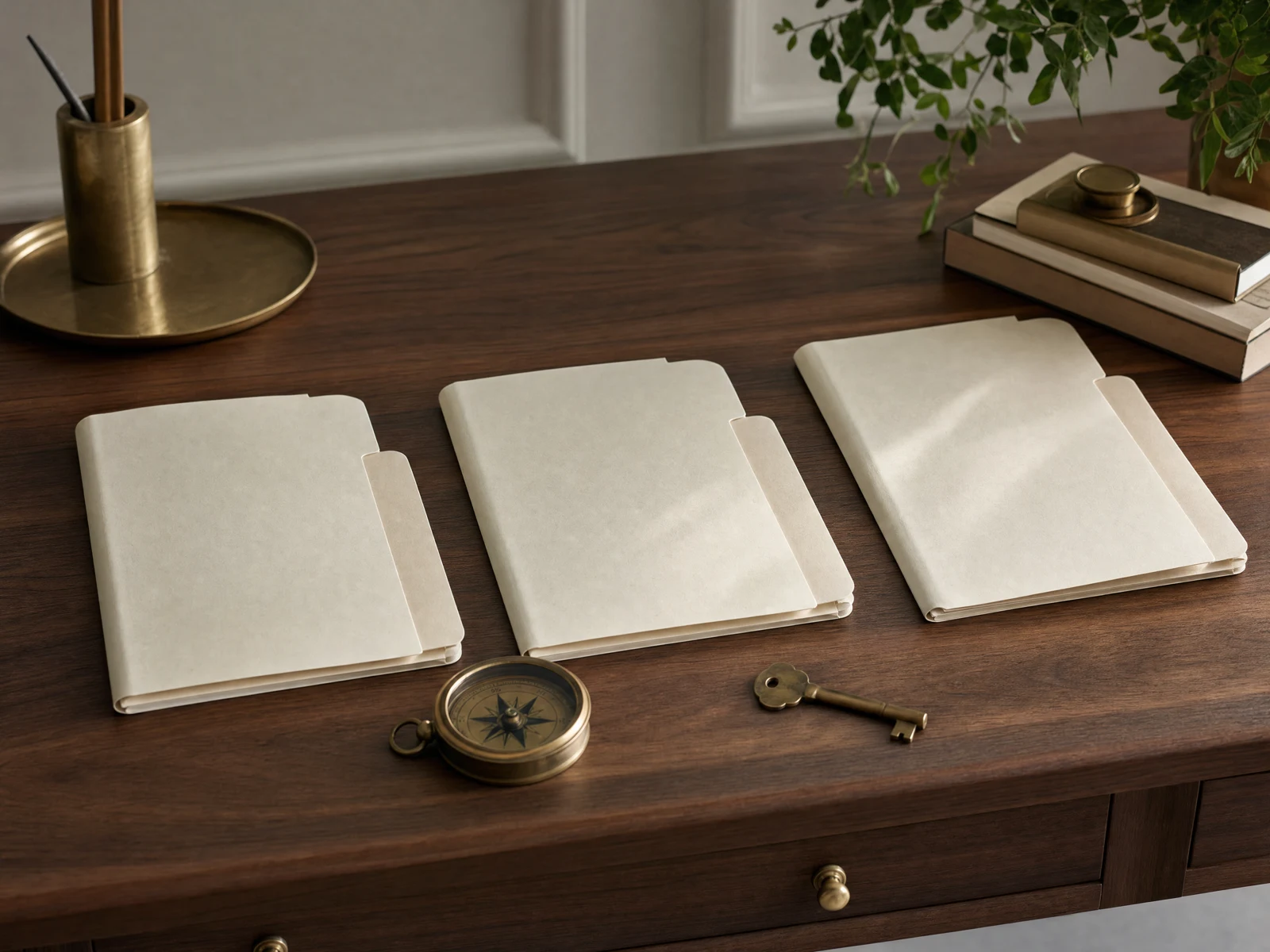 Organized paper documents and a brass pen, an illustrative options comparison scene